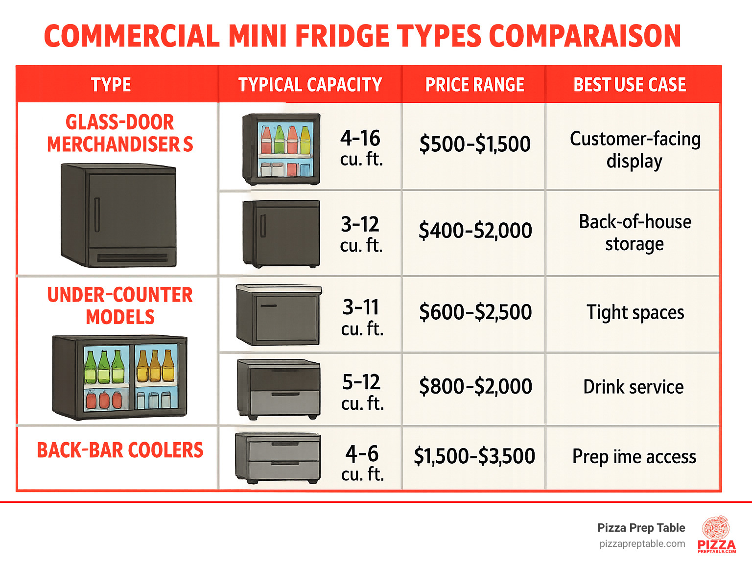 Commercial Mini Fridge Types Comparison showing glass-door merchandisers, solid-door units, under-counter models, back-bar coolers and drawer-style units with their typical capacities, price ranges, and best use cases - commercial mini fridge infographic 