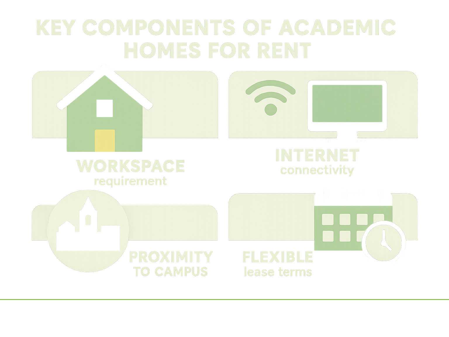 Key components of academic homes for rent showing workspace requirements, internet connectivity needs, proximity to campus, and flexible lease terms custom to academic calendars - academic homes for rent infographic