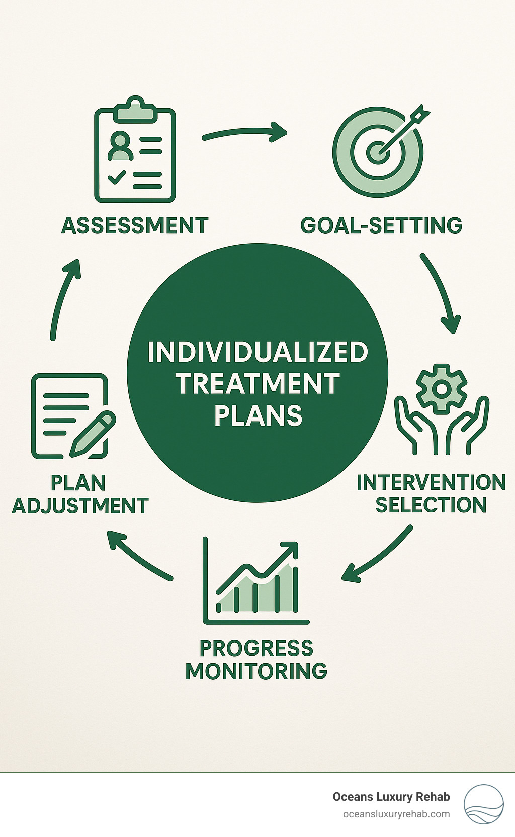 Components and development process of individualized treatment plans showing assessment, goal-setting, intervention selection, progress monitoring, and plan adjustment in a circular workflow - individualized treatment plans infographic 