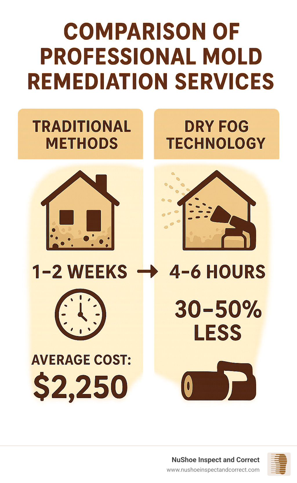 Comparison of professional mold remediation services showing traditional methods taking 1-2 weeks versus dry fog technology completing in 4-6 hours, with cost differences of $2,250 average for traditional methods versus 30-50% less for dry fog technology - cleaning services for mold and mildew infographic 