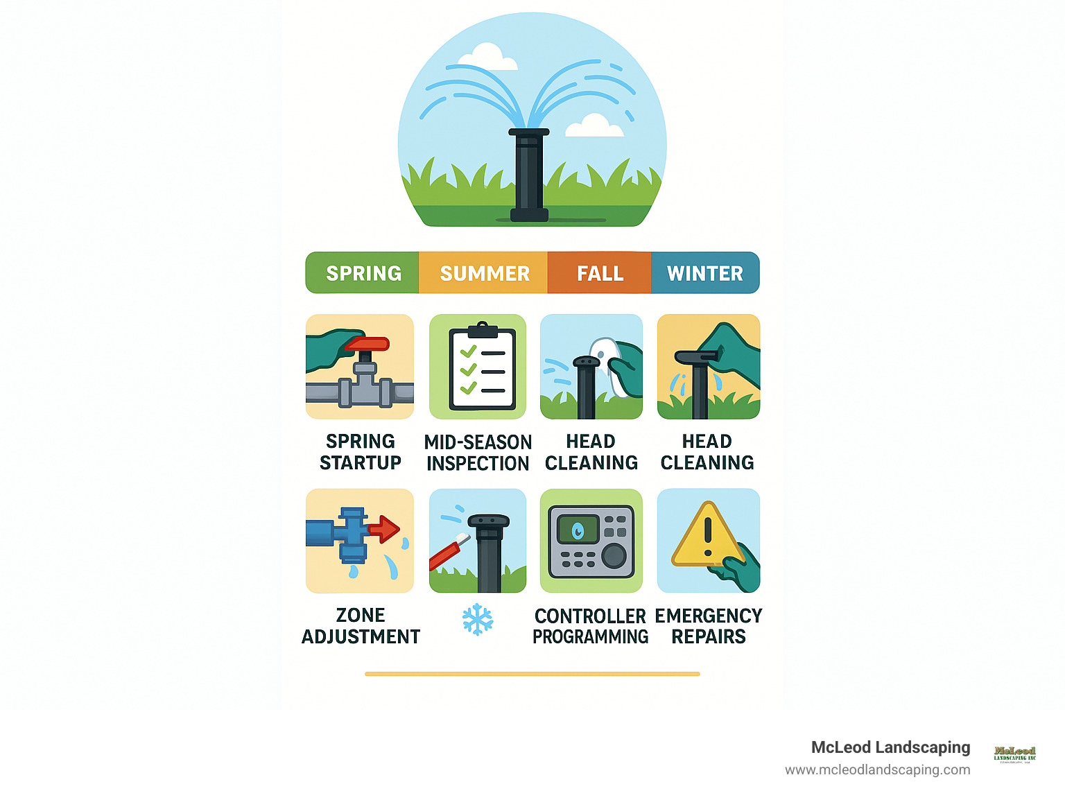Common lawn irrigation system service tasks including spring startup, mid-season inspection, backflow testing, head cleaning, zone adjustment, controller programming, winterization, and emergency repairs with typical seasonal timing - lawn irrigation system service infographic 