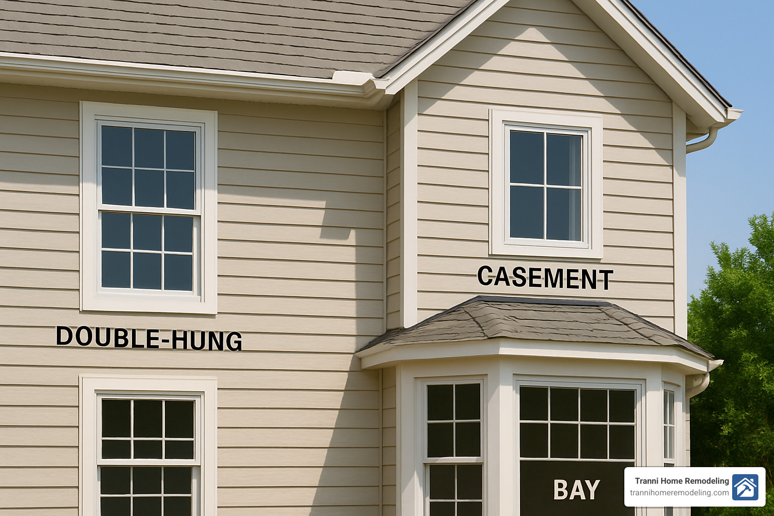 Different window styles including double-hung, casement, and bay windows - window replacement contractors near me