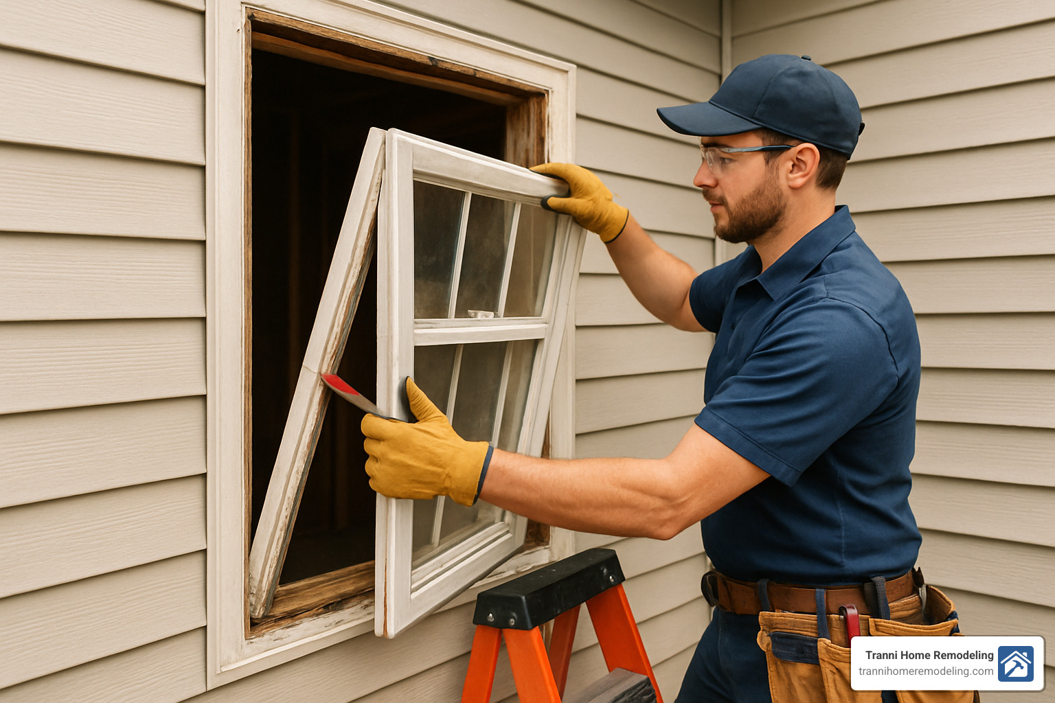 Window installer carefully removing old window and preparing the frame - window replacement contractors near me