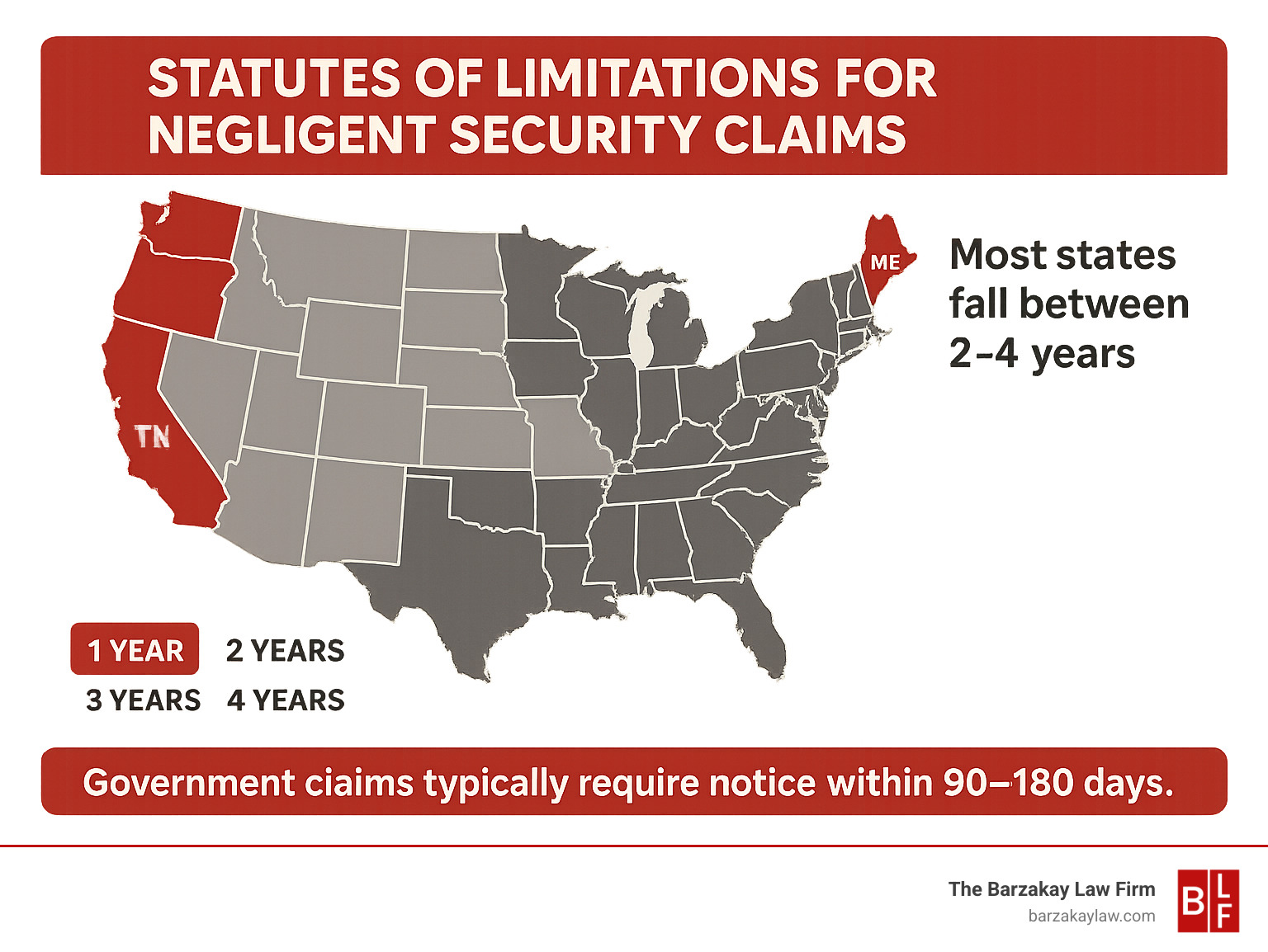 Statutes of limitations for negligent security claims across states, showing ranges from 1 year (TN) to 6 years (ME, MN, ND) with most states falling between 2-4 years. Government claims typically require notice within 90-180 days. - negligent security attorney infographic 