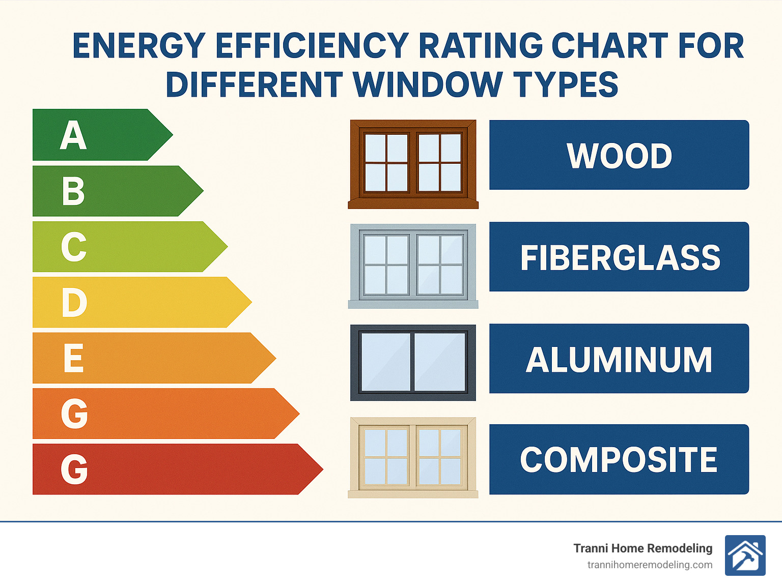 Energy efficiency rating chart for different window types - window replacement contractors near me infographic