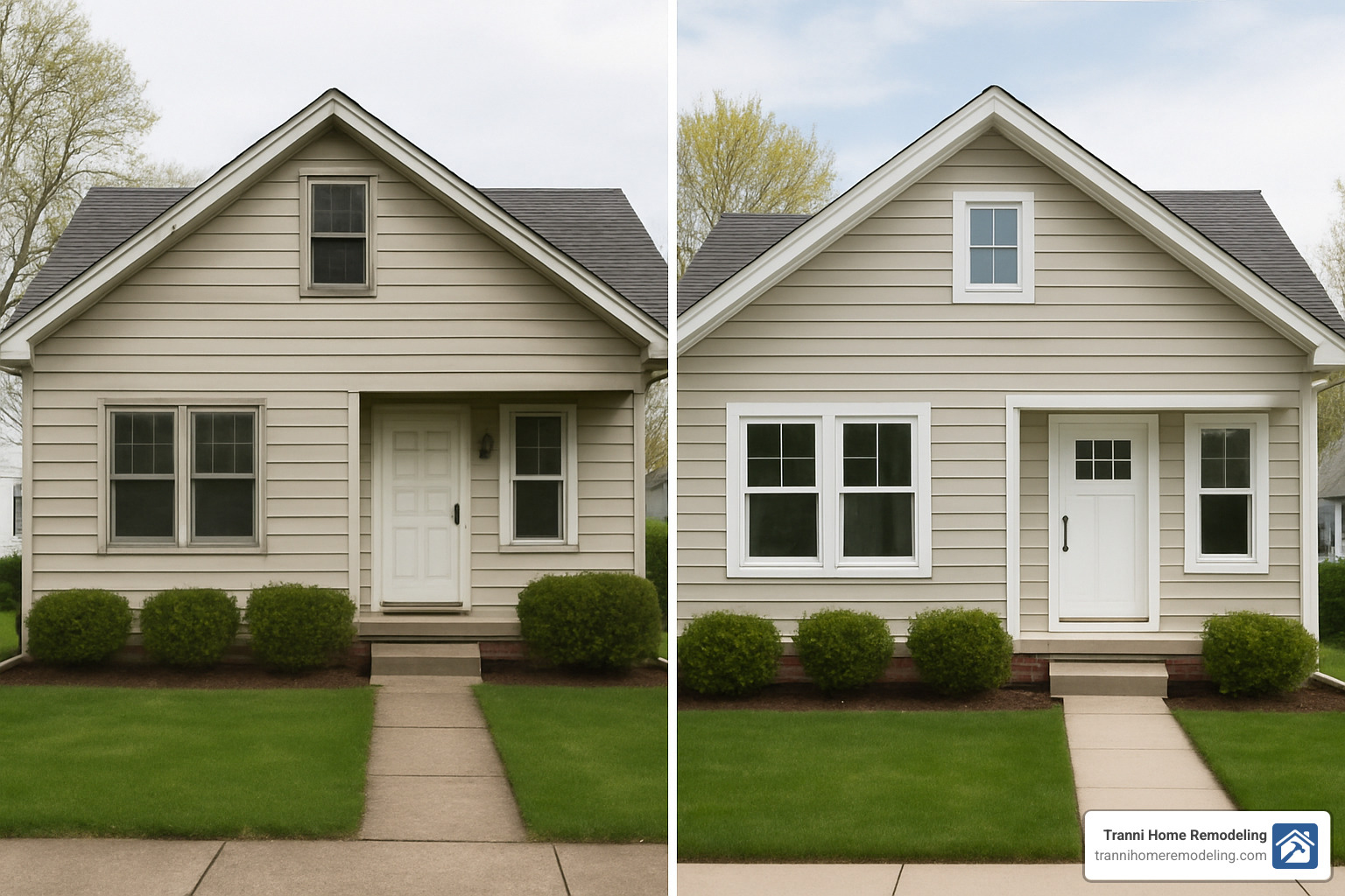 Before and after window replacement showing improved curb appeal - window replacement contractors near me