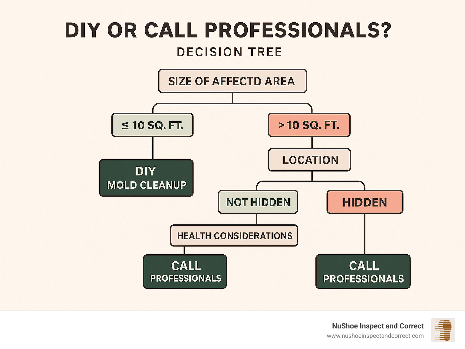 Decision tree showing when to DIY mold cleanup versus when to call professionals, based on size of affected area, location, and health considerations - cleaning services for mold and mildew infographic 