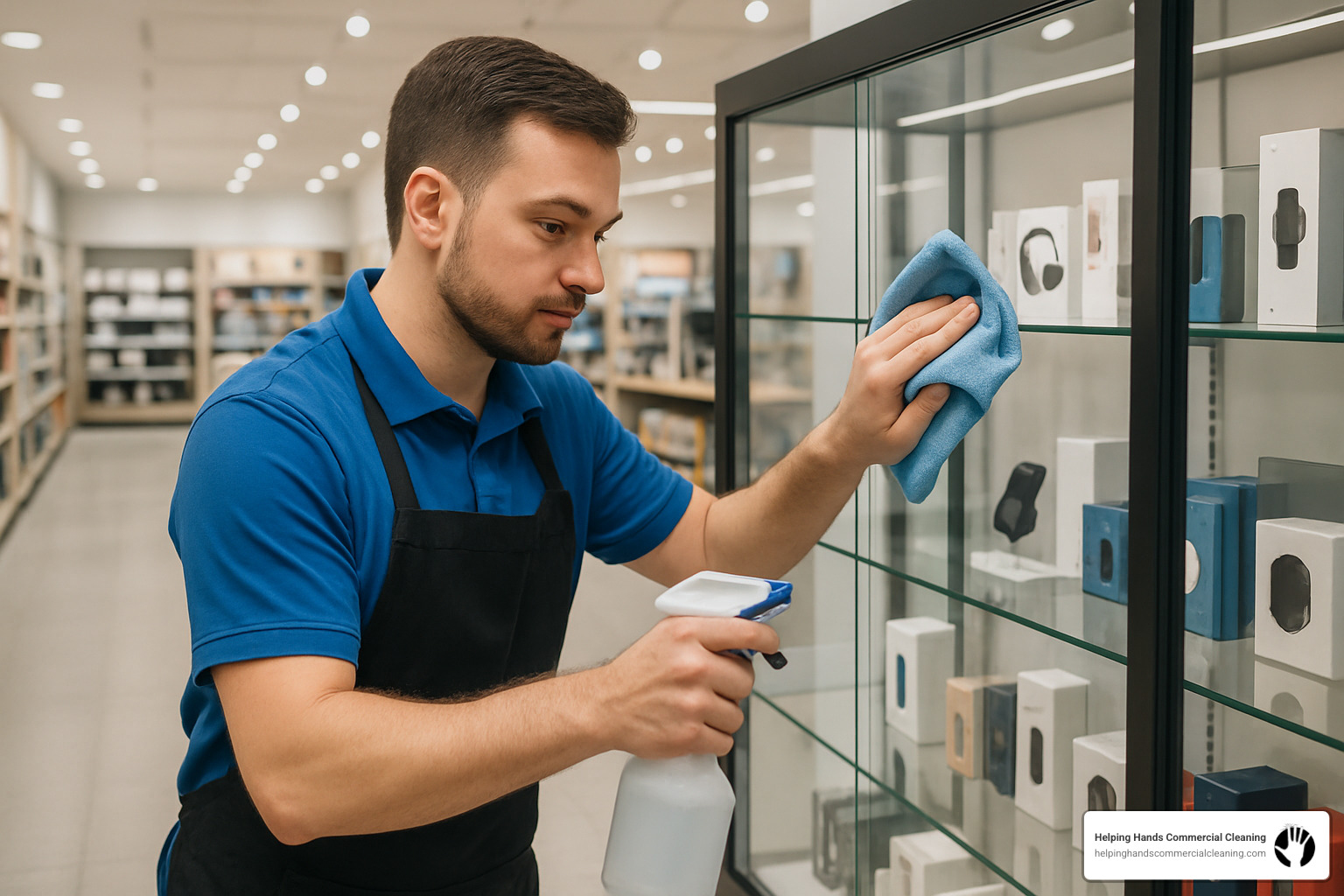 store employee cleaning display case - cleaning retail stores