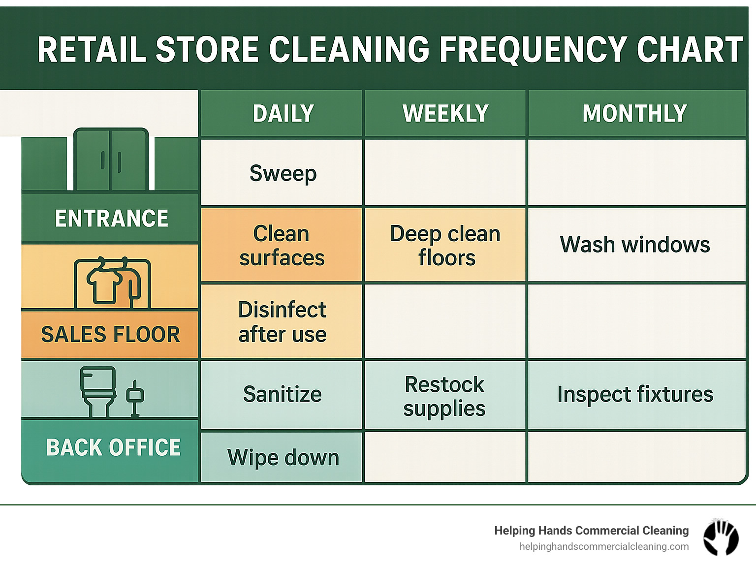 Retail Store Cleaning Frequency Chart showing daily, weekly and monthly tasks with color-coded sections for different store areas (entrance, sales floor, fitting rooms, restrooms, back office) and specific cleaning requirements for each timeframe - cleaning retail stores infographic 