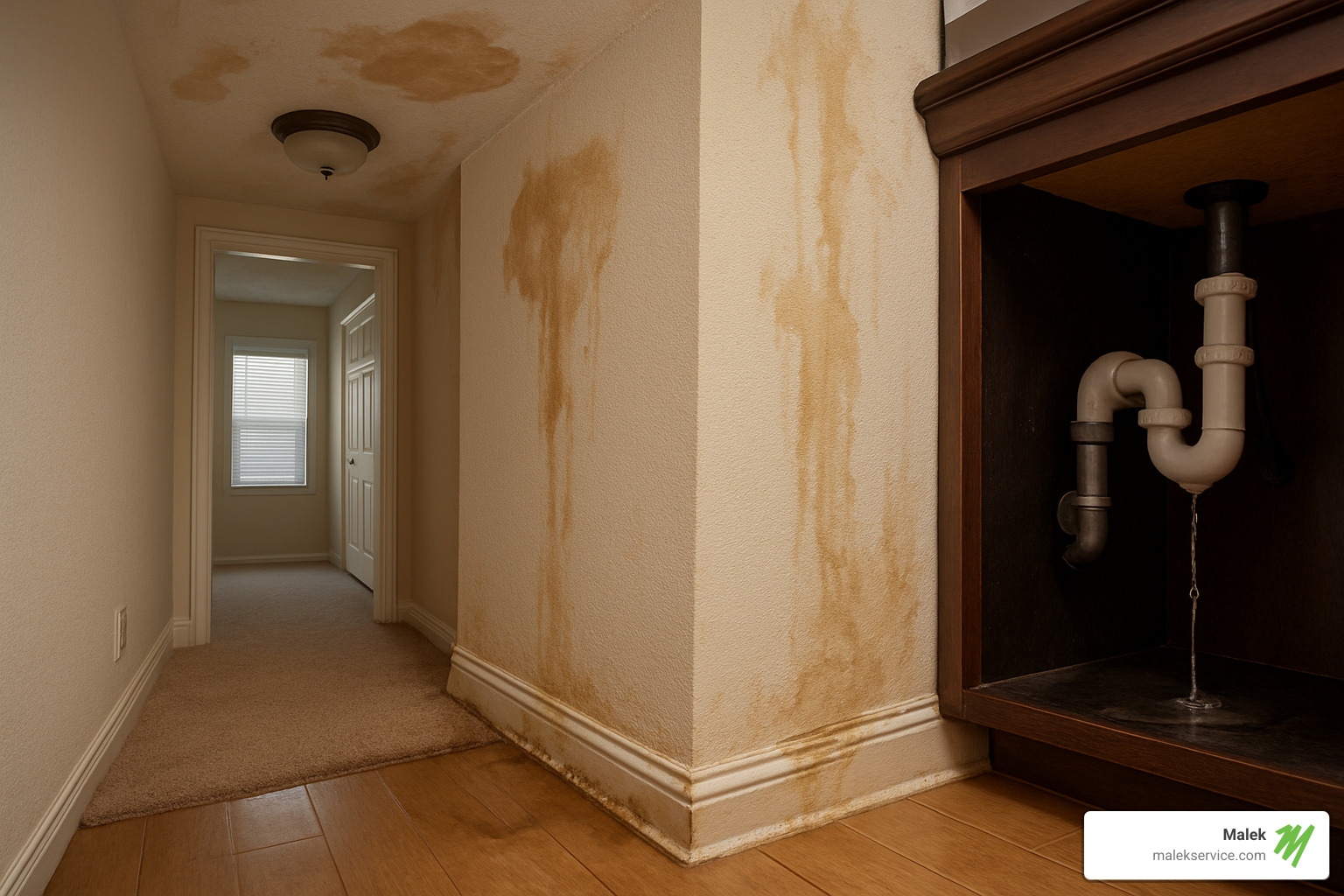 Water leak detection in a home showing visible signs of water damage - college station plumbing repair