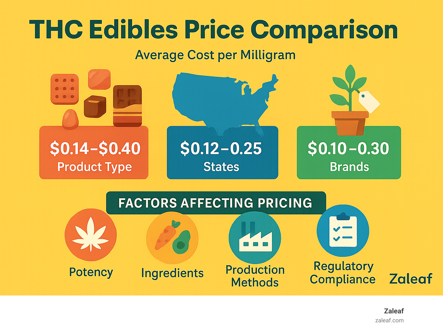 THC edibles price comparison showing average cost per milligram across different product types, states, and brands, with factors affecting pricing including potency, ingredients, production methods, and regulatory compliance - THC edibles price infographic 