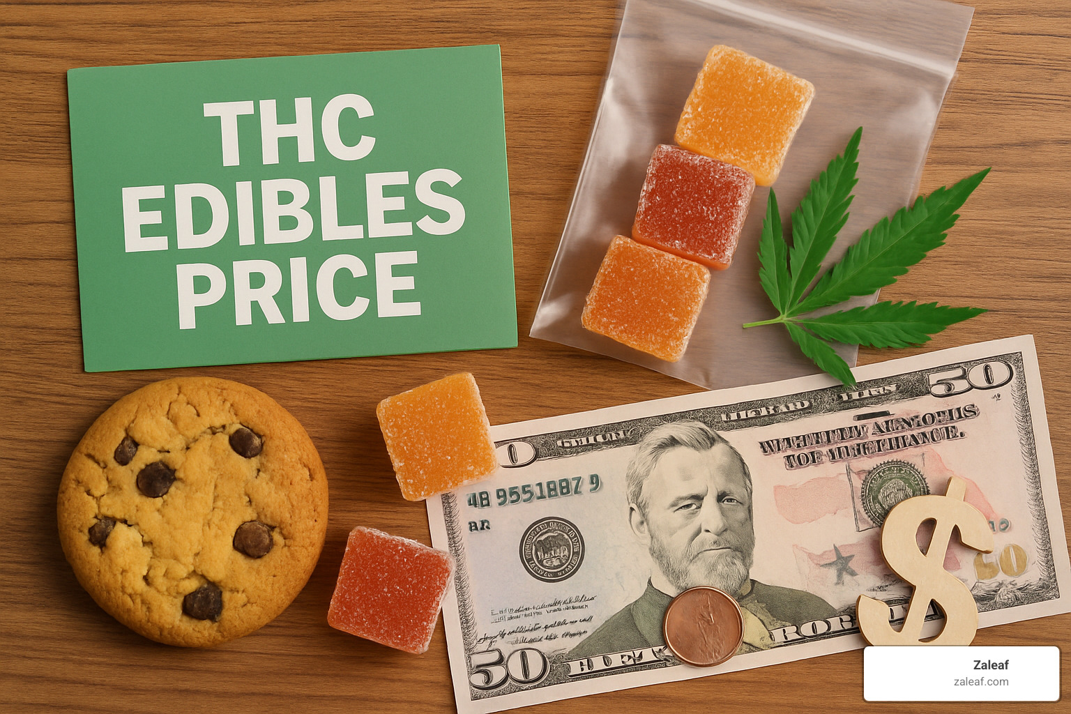 Various THC edibles with price tags showing different costs per milligram - THC edibles price