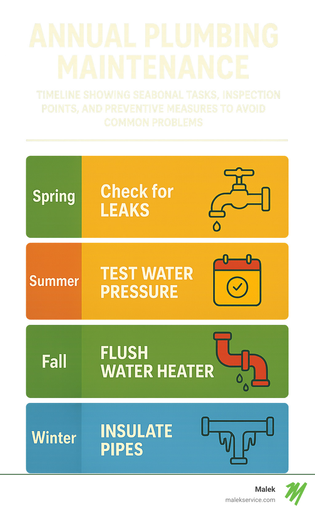 Annual plumbing maintenance timeline showing seasonal tasks, inspection points, and preventive measures to avoid common problems - college station plumbing repair infographic 
