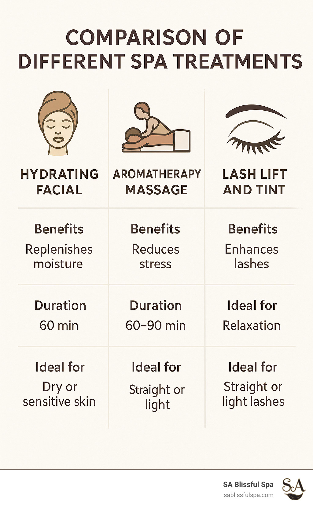 Comparison of different spa treatments showing benefits, durations, and ideal candidates - spa and wax near me infographic Comparison of different spa treatments showing benefits, durations, and ideal candidates - spa and wax near me infographic