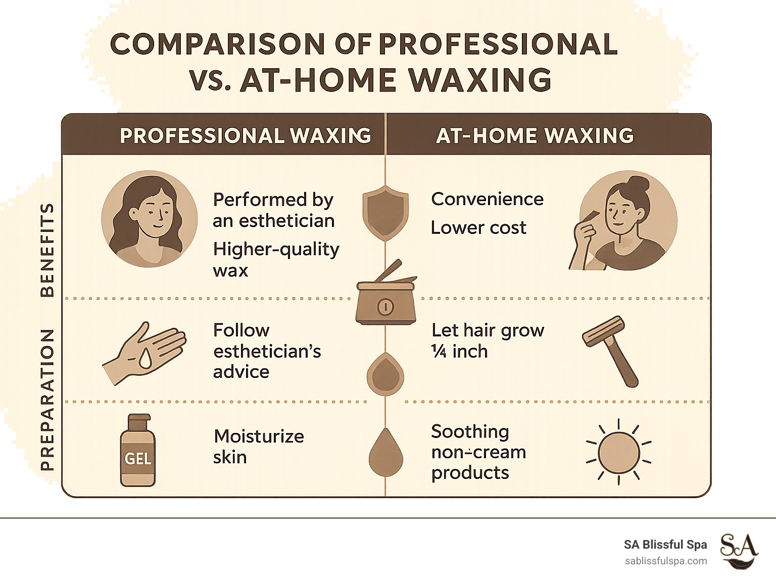 Comparison of professional vs at-home waxing showing benefits, preparation steps, and aftercare for spa and wax services - spa and wax near me infographic 