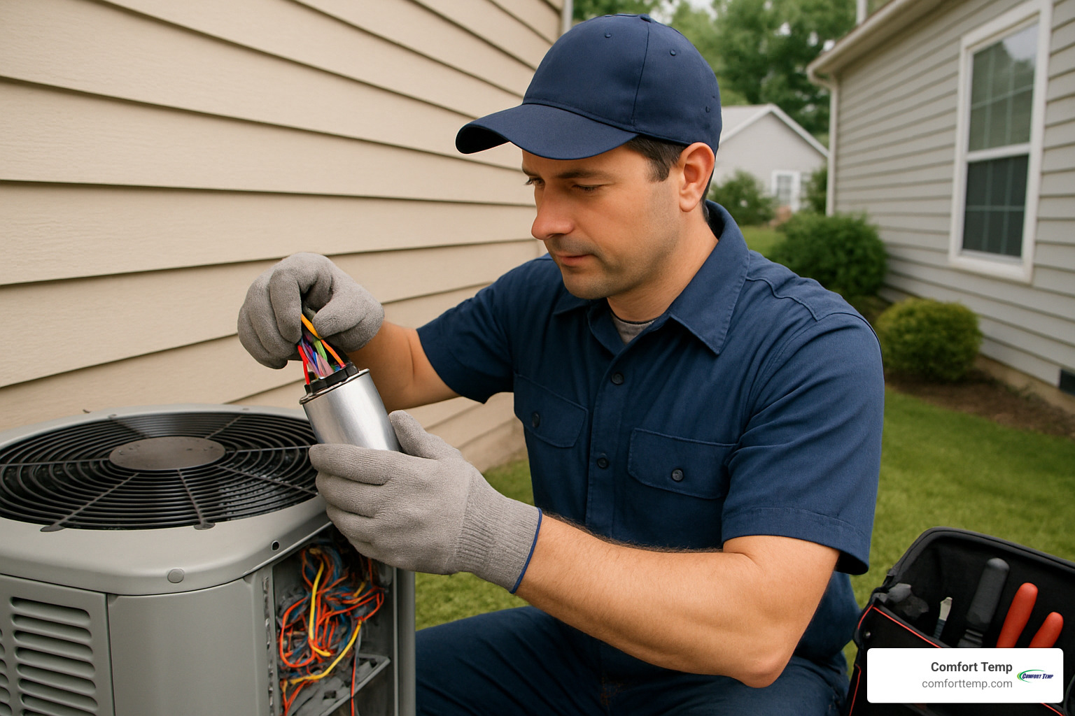 HVAC technician replacing a capacitor in an outdoor air conditioning unit - air conditioning repair costs