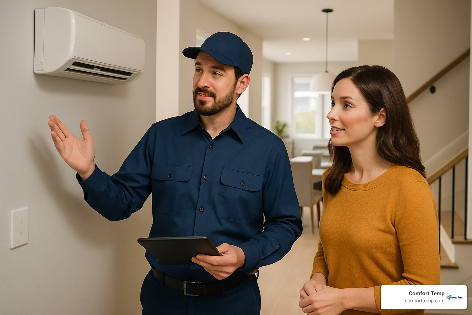 Technician explaining repair vs replace options to homeowner - air conditioning repair costs