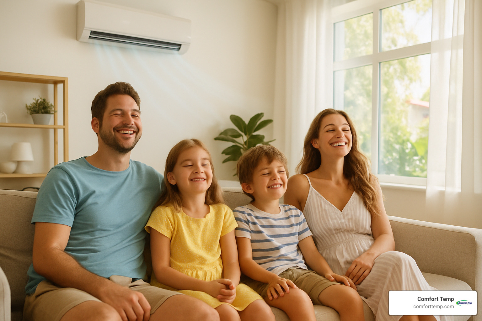Happy family enjoying cool air in their living room - air conditioning repair costs