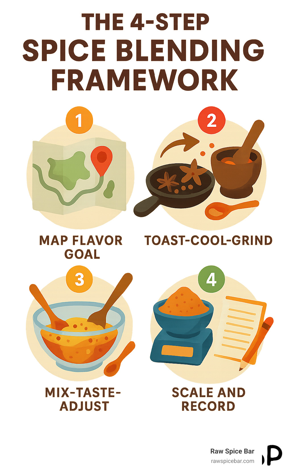 The 4-step spice blending framework showing: 1. Map flavor goal, 2. Toast-cool-grind, 3. Mix-taste-adjust, 4. Scale and record - learn to blend spices infographic 