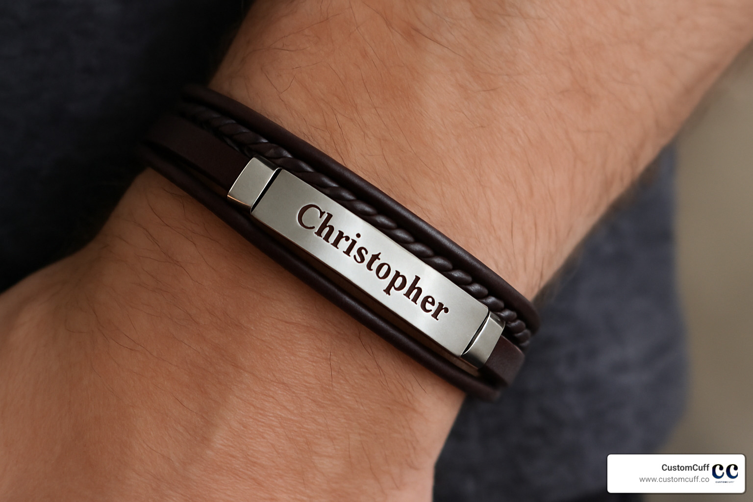 close up of engraved leather mens id bracelet - mens id bracelet personally engraved