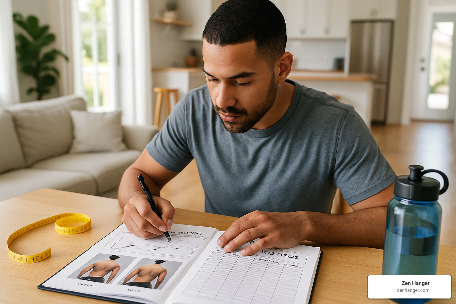 Person reviewing progress journal with measurements, photos, and workout logs - how to measure gains