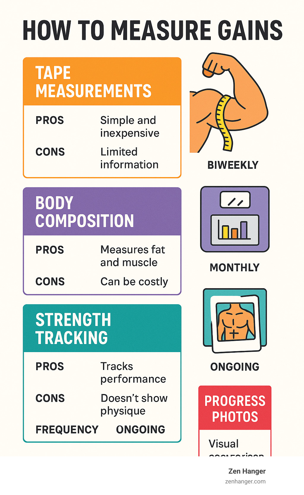 Comparison of different methods to measure gains showing tape measurements, body composition analysis, strength tracking, and progress photos with their pros, cons, and frequency recommendations - how to measure gains infographic