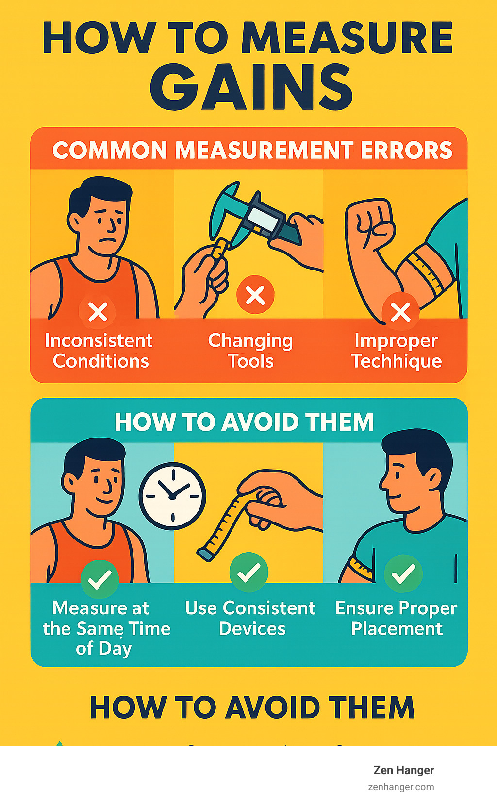 Infographic showing common measurement errors and how to avoid them with illustrations of proper and improper measurement techniques - how to measure gains infographic