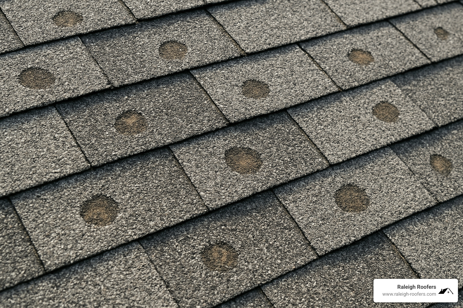 Close-up of asphalt shingles showing dime-sized bruising and granule loss from hail impact - hail damage roof Raleigh