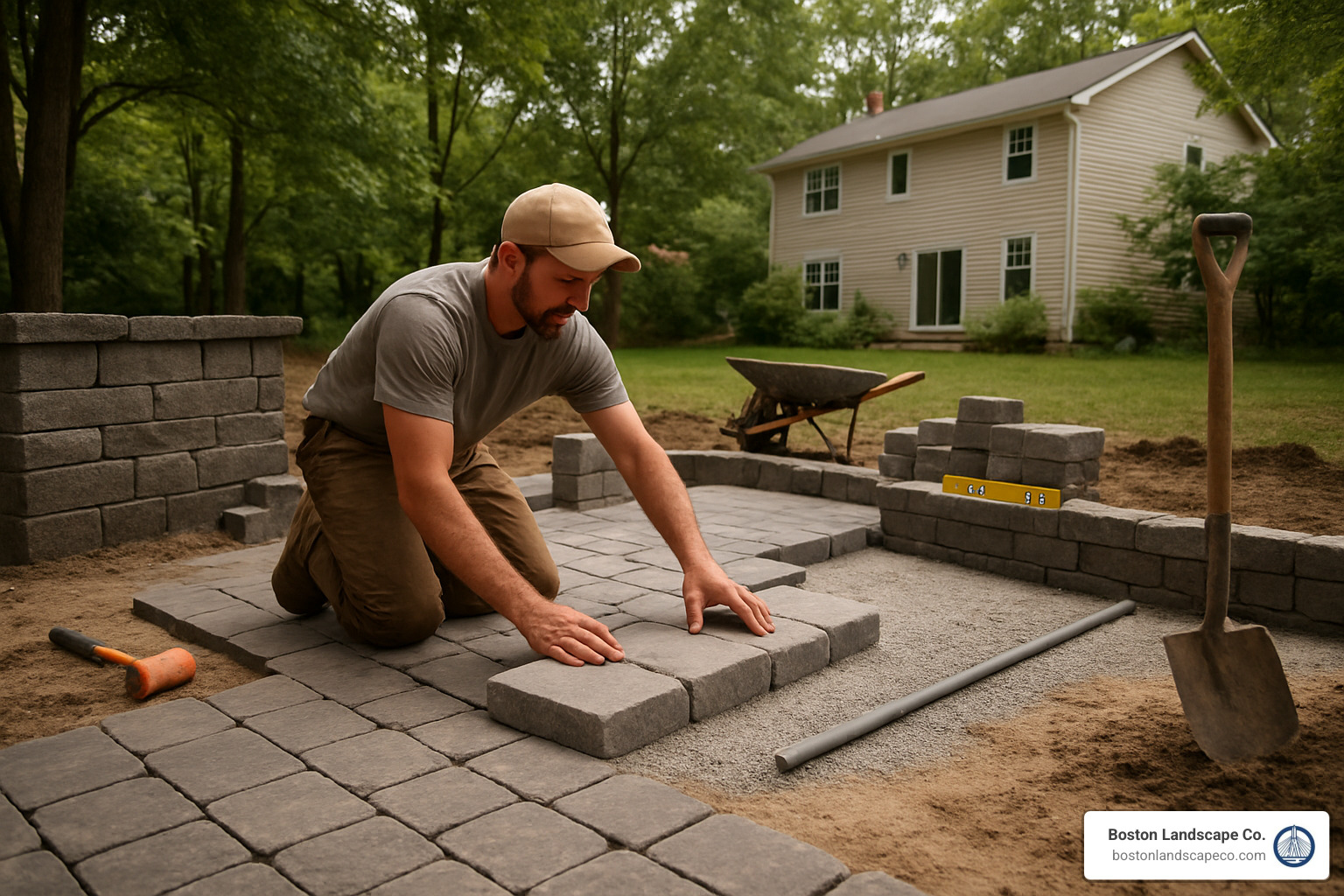 Professional landscaping contractor installing hardscape features in a residential backyard - landscaping contractor