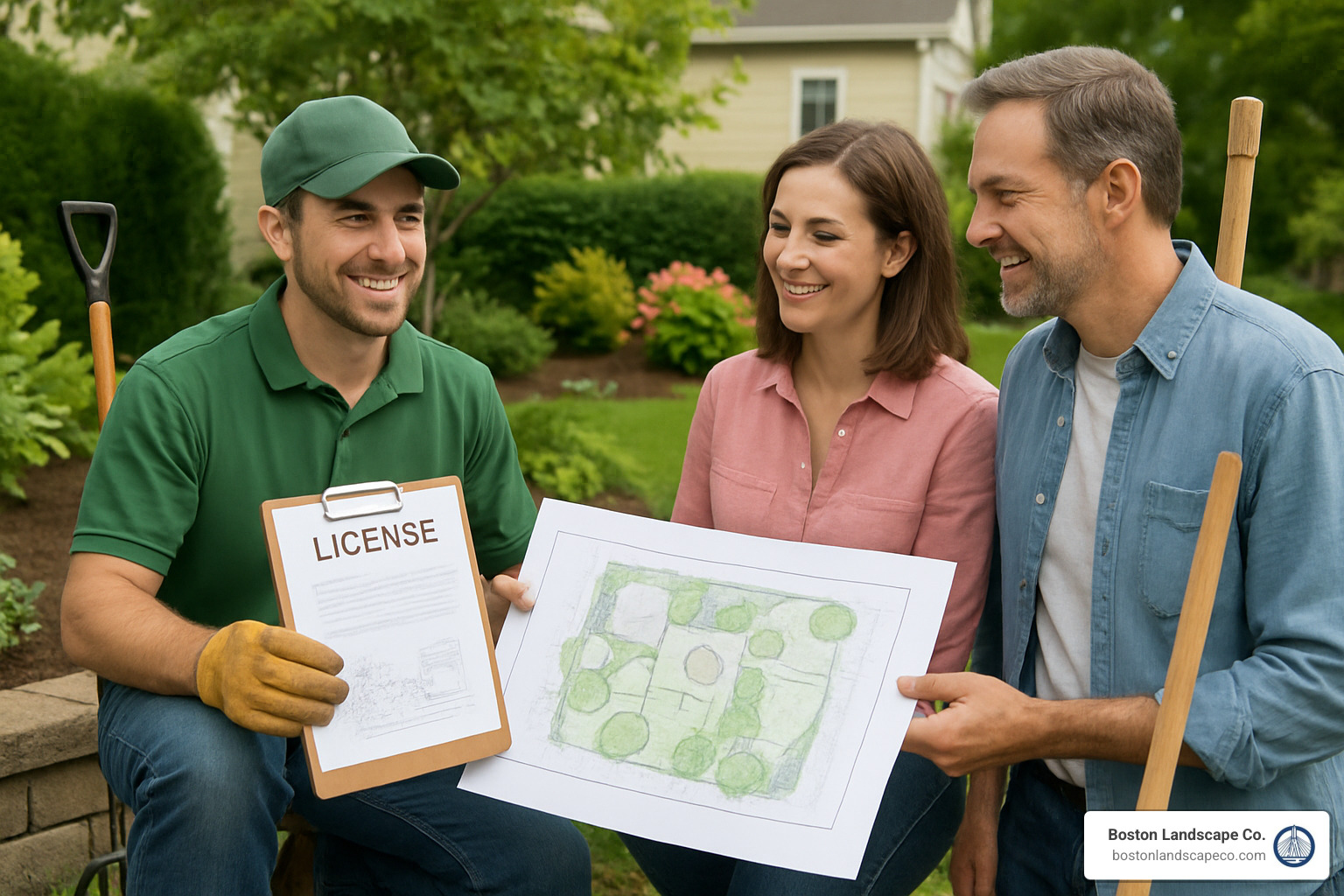 Landscaping contractor meeting with clients to discuss project plans and credentials - landscaping contractor