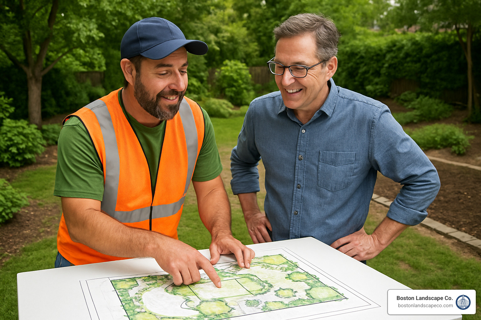 Landscaping contractor and client reviewing landscape design plans together - landscaping contractor