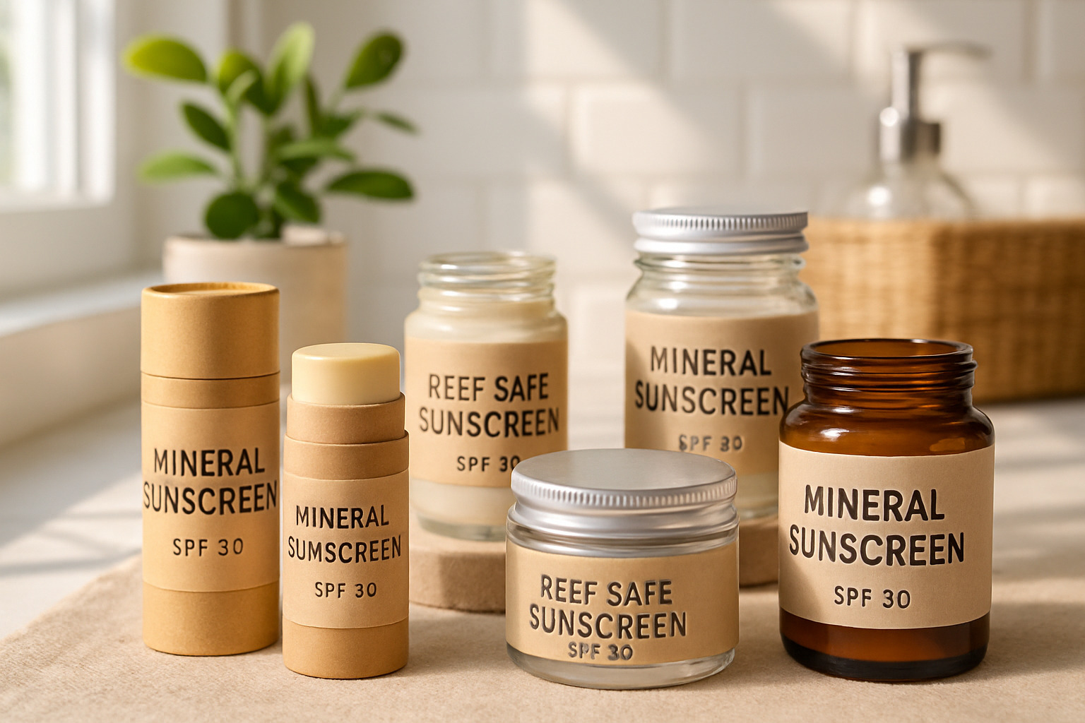 Variety of zero waste sunscreen options in cardboard, metal and glass containers - zero waste skincare