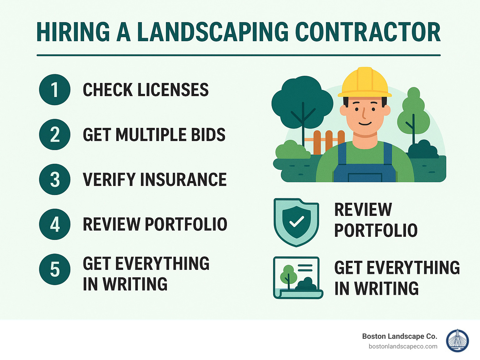 Detailed infographic showing the process of hiring a landscaping contractor, including checking licenses, getting multiple bids, verifying insurance, reviewing portfolios, and getting everything in writing - landscaping contractor infographic