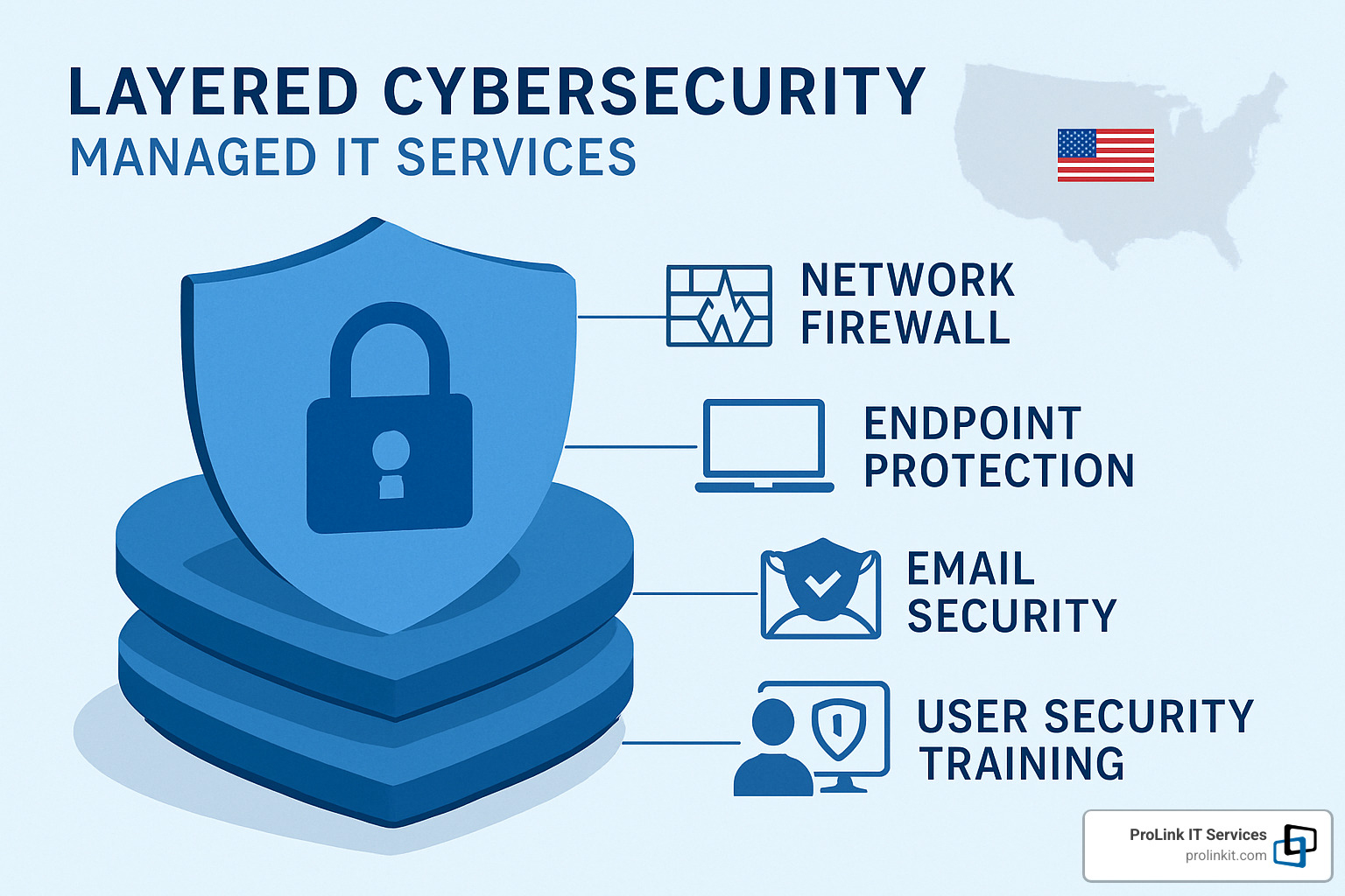 Layered security approach showing network, endpoint, email, and user training defenses - managed it services st george utah