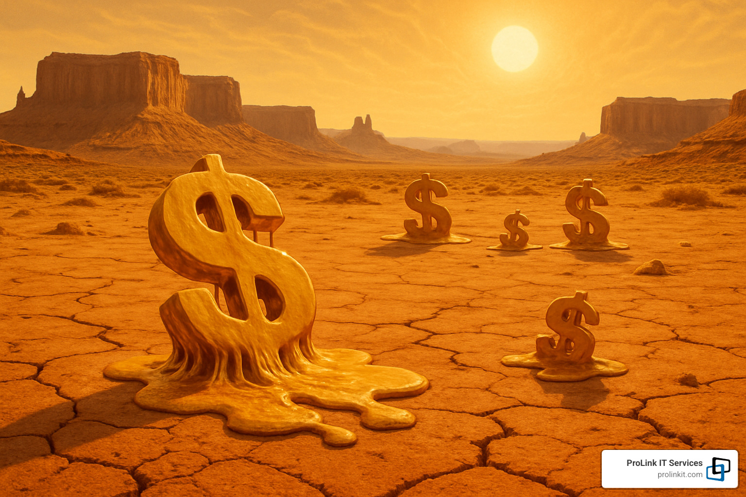 Dollar signs melting in the desert heat symbolizing wasted IT costs - managed it services st george utah