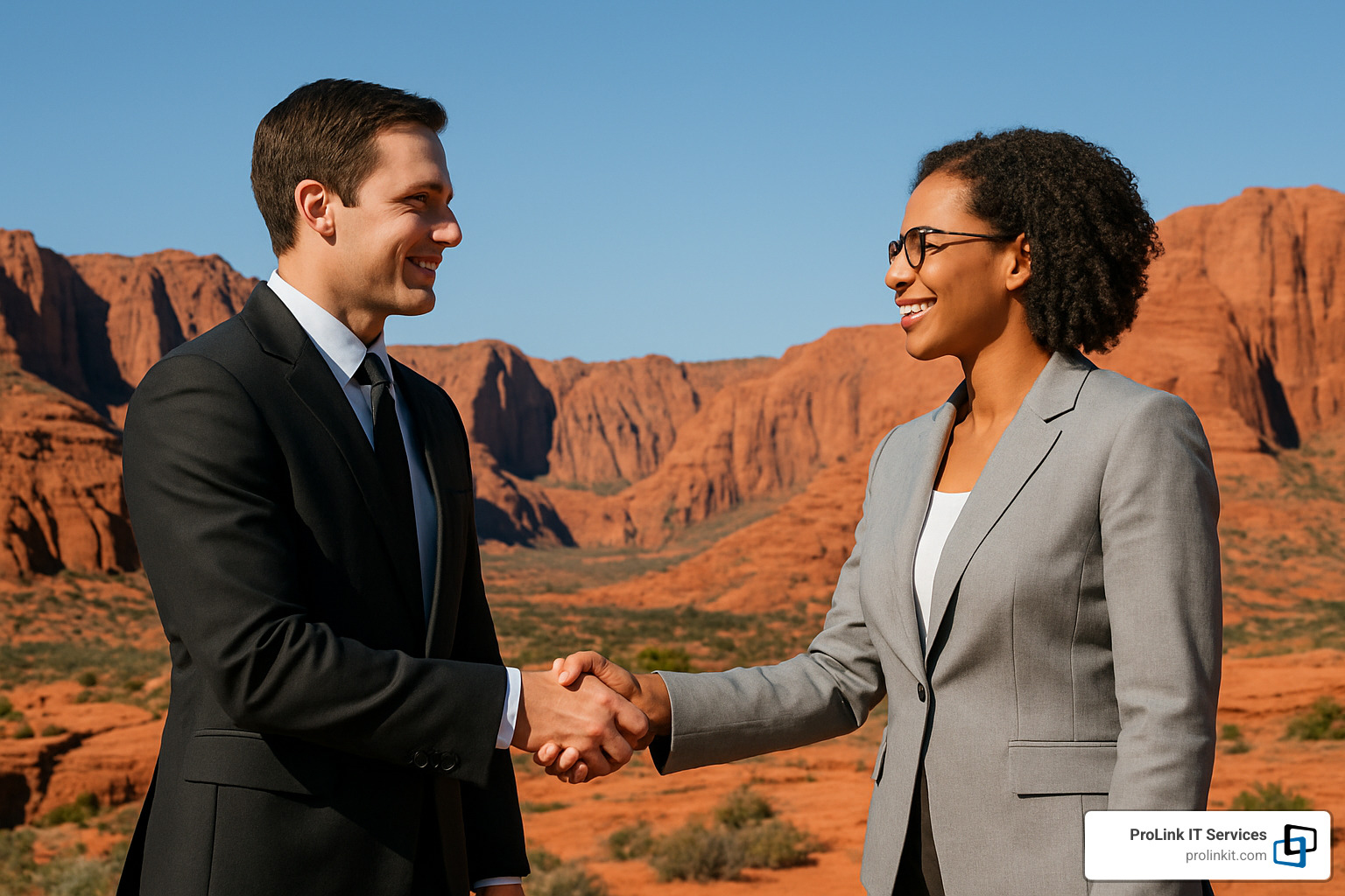 Handshake with St George red rock canyon backdrop symbolizing local partnership - managed it services st george utah
