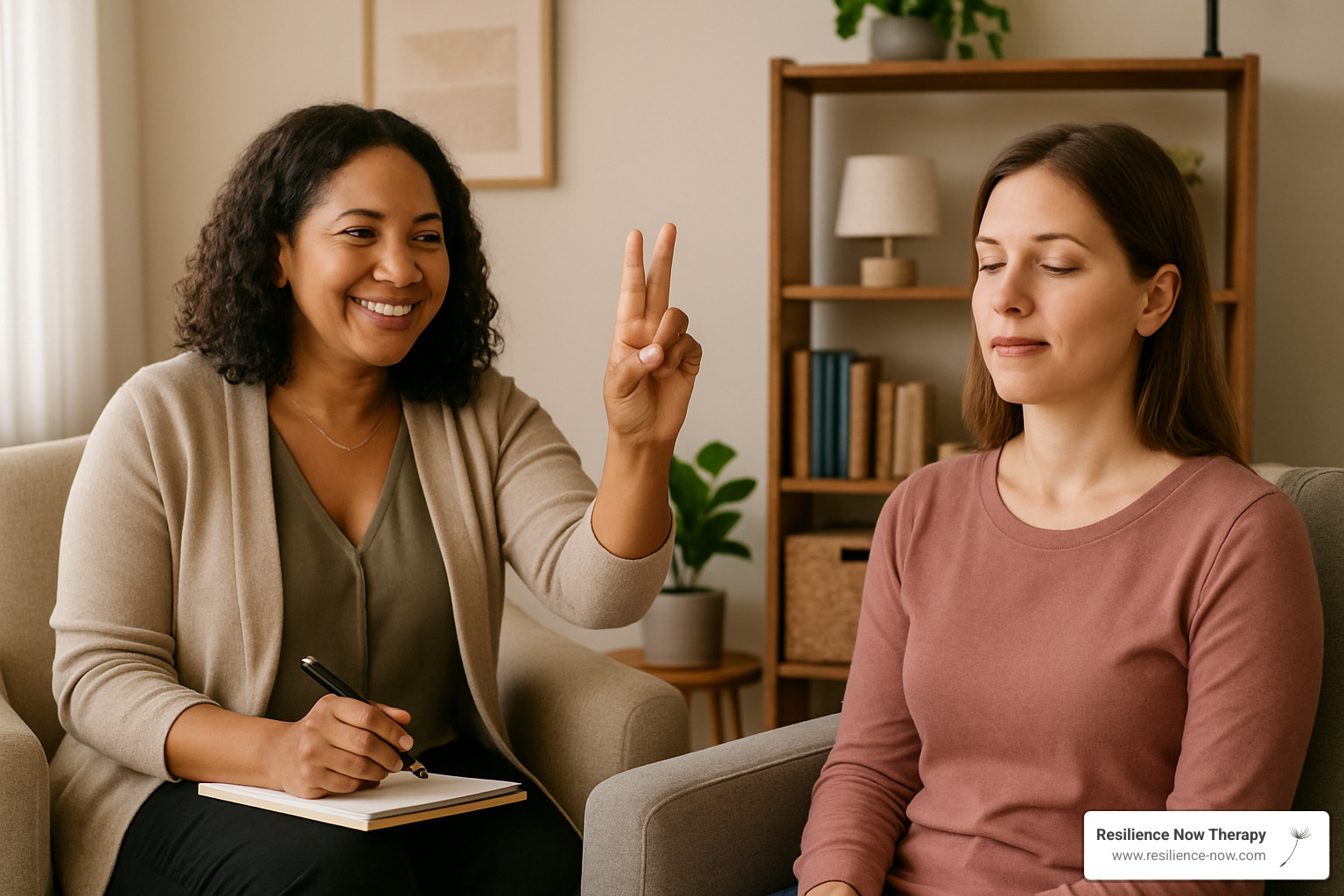change the lady therapist to another lady with more diversity and smiling - emdr treatment for trauma