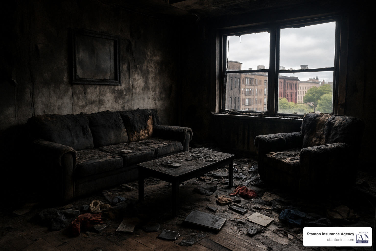 Apartment fire aftermath showing damaged personal belongings - NH renters insurance Apartment fire aftermath showing damaged personal belongings - NH renters insurance