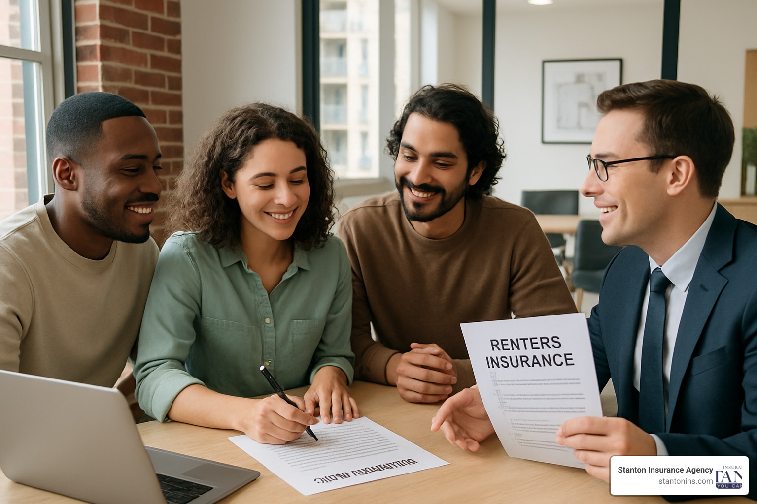 Renters signing a lease with an insurance agent explaining coverage - NH renters insurance Renters signing a lease with an insurance agent explaining coverage - NH renters insurance