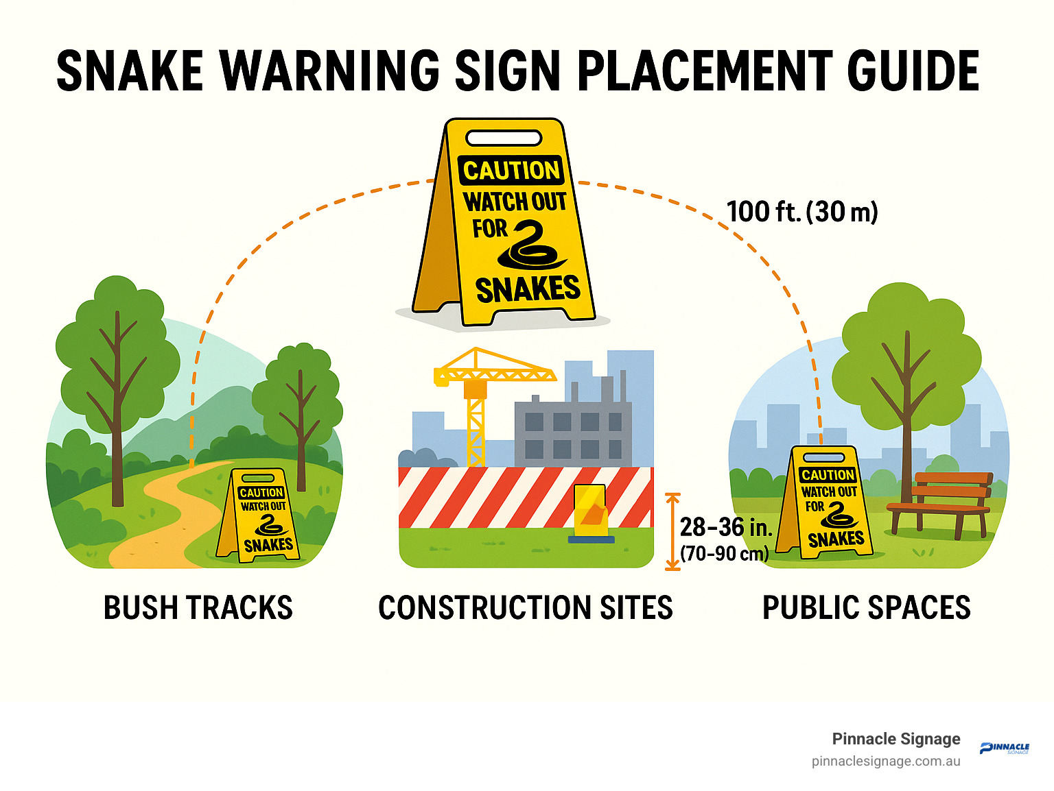 Snake warning sign placement guide showing optimal locations for A-frame signs on bush tracks, construction sites, and public spaces with viewing distance and height recommendations - caution watch out for snakes infographic Snake warning sign placement guide showing optimal locations for A-frame signs on bush tracks, construction sites, and public spaces with viewing distance and height recommendations - caution watch out for snakes infographic