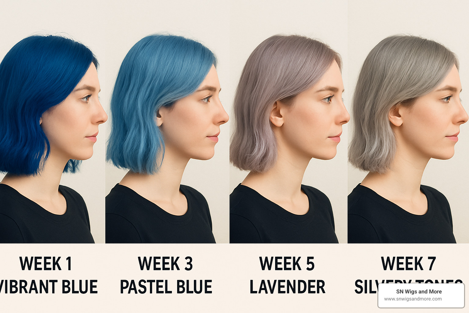 Timeline showing blue hair fading to lavender over weeks - blue hair bleach