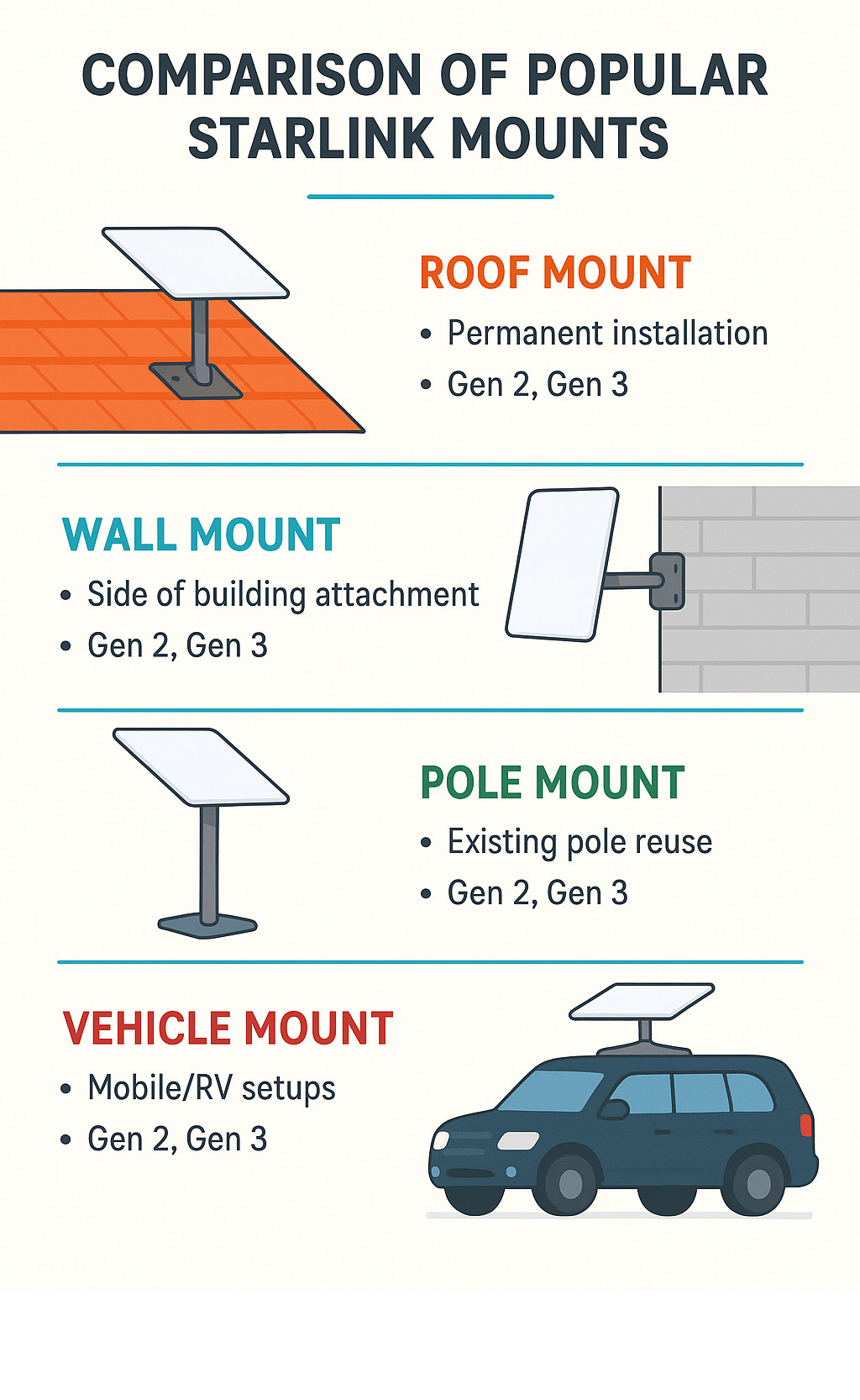 Comparison of popular Starlink mounts showing different mounting options including roof, wall, pole, and vehicle mounts with their key features and compatibility with Starlink dish generations - Compatible Starlink Mounts and Adapters infographic 