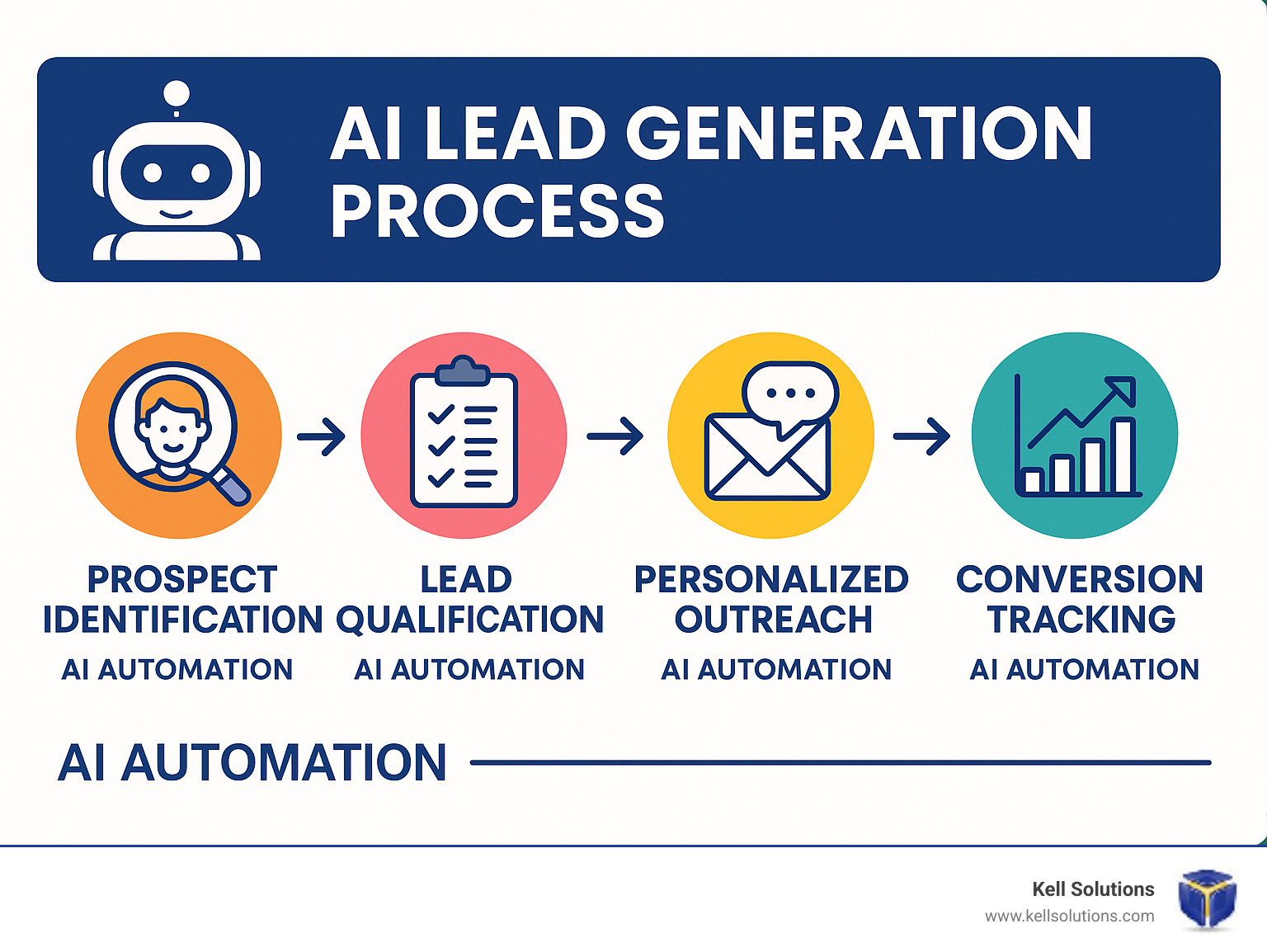 AI Lead Generation Process showing prospect identification, lead qualification, personalized outreach, and conversion tracking with AI automation at each stage - AI tools for lead generation infographic 