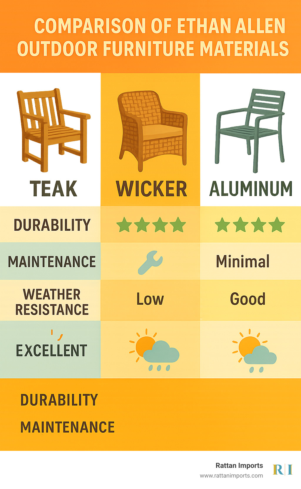 Comparison of outdoor furniture materials showing teak, wicker and aluminum options with their durability ratings, maintenance requirements, and weather resistance capabilities - premium outdoor furniture infographic 