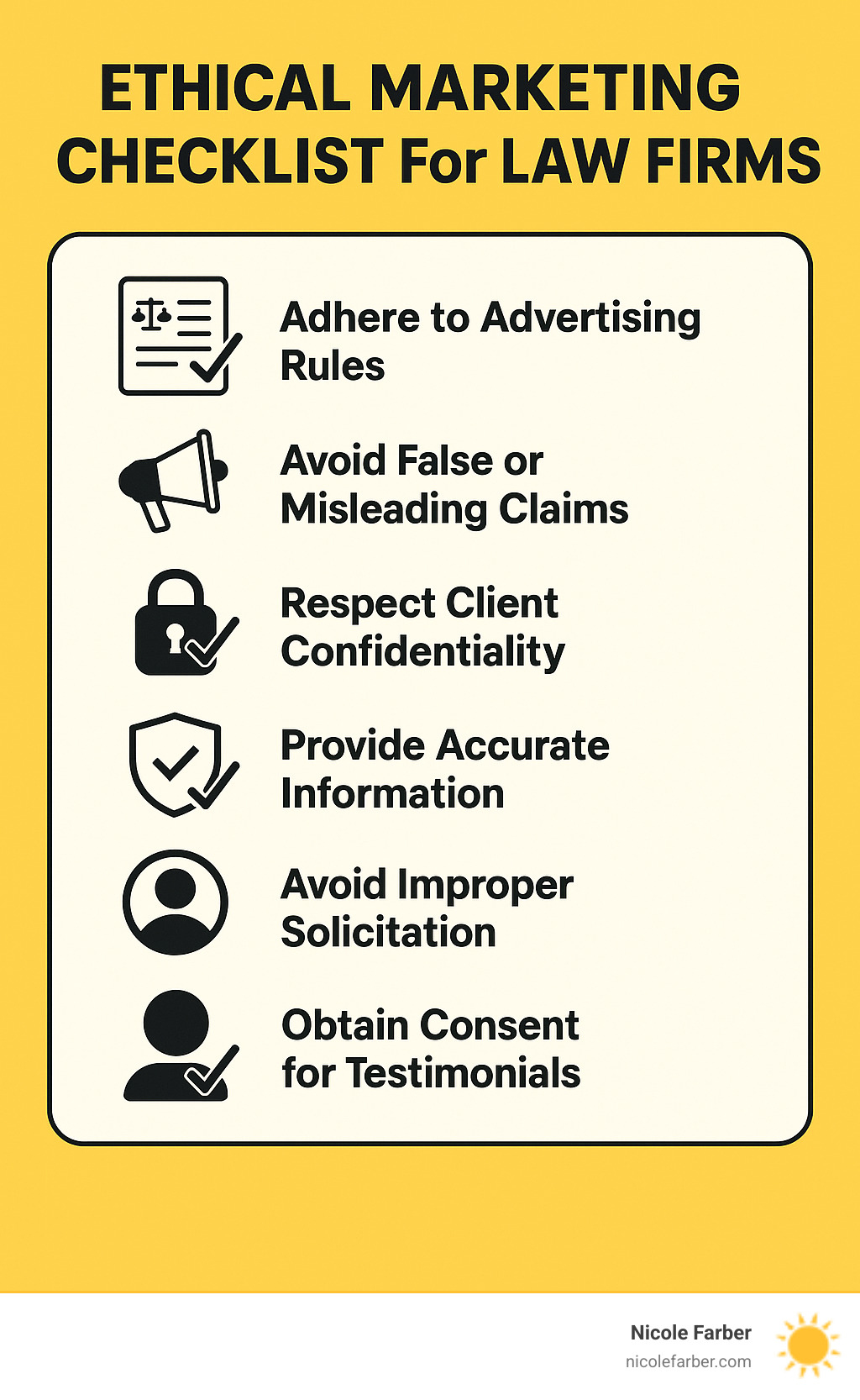 Ethical marketing checklist for law firms showing compliance requirements - client acquisition for lawyers infographic 
