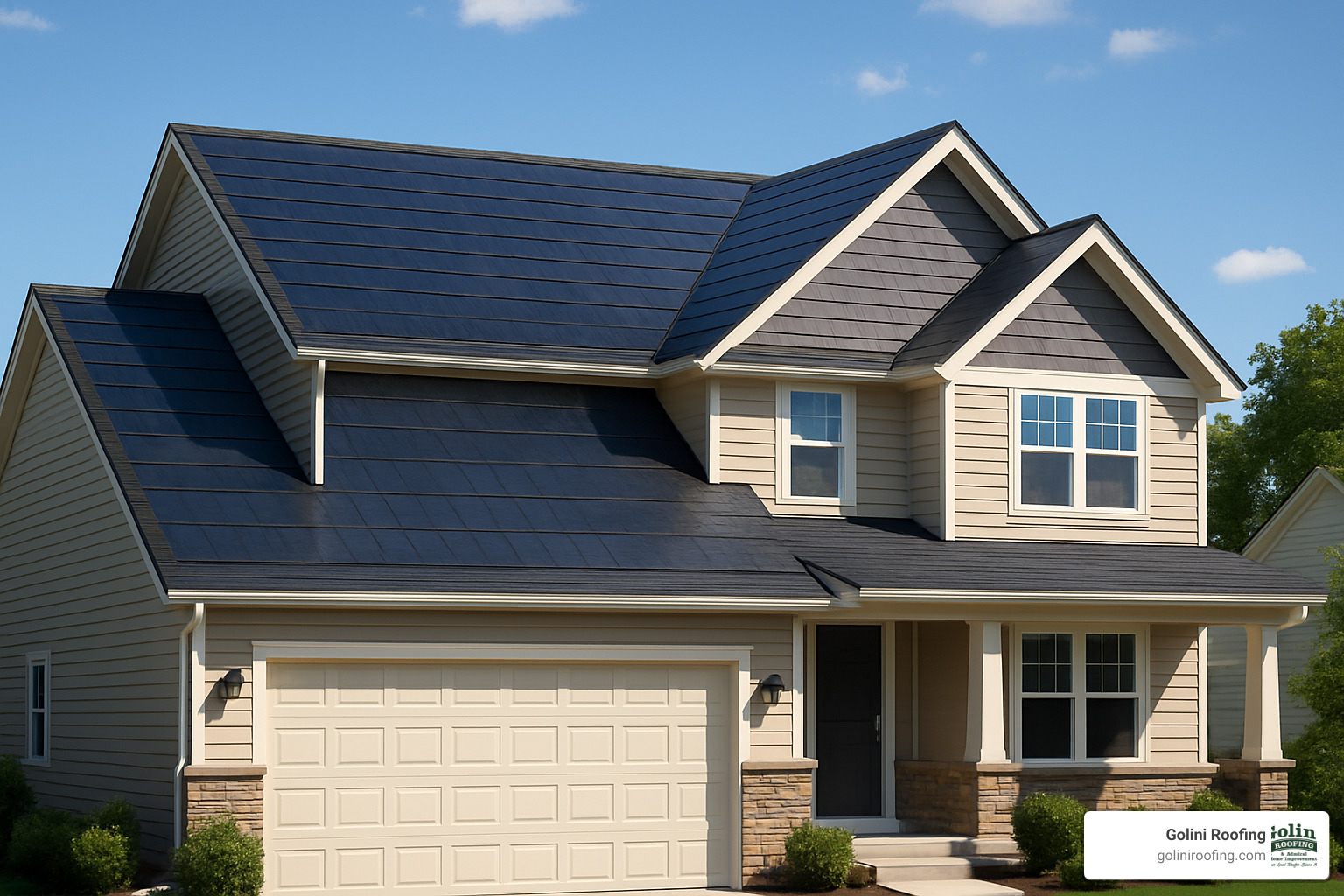 solar shingles installed on a residential roof - home roofing service