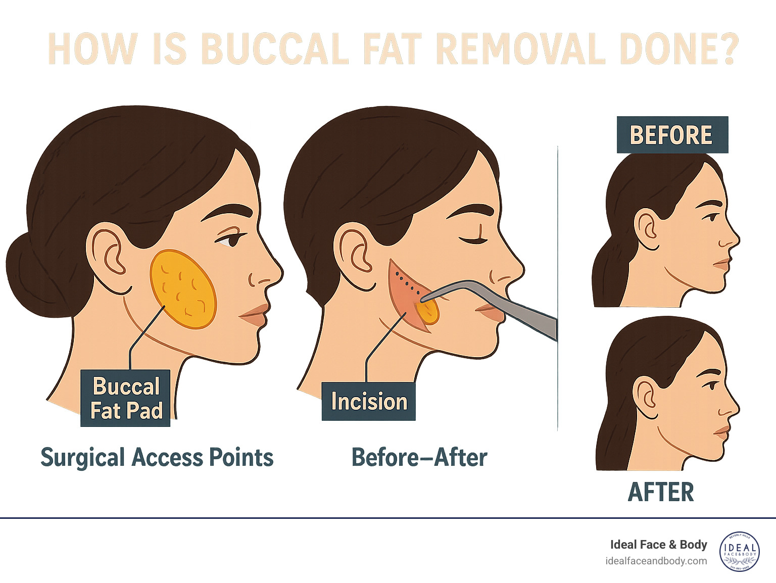 Diagram showing buccal fat pad location, surgical access points, and before/after comparison of cheek contours - how is buccal fat removal done infographic 