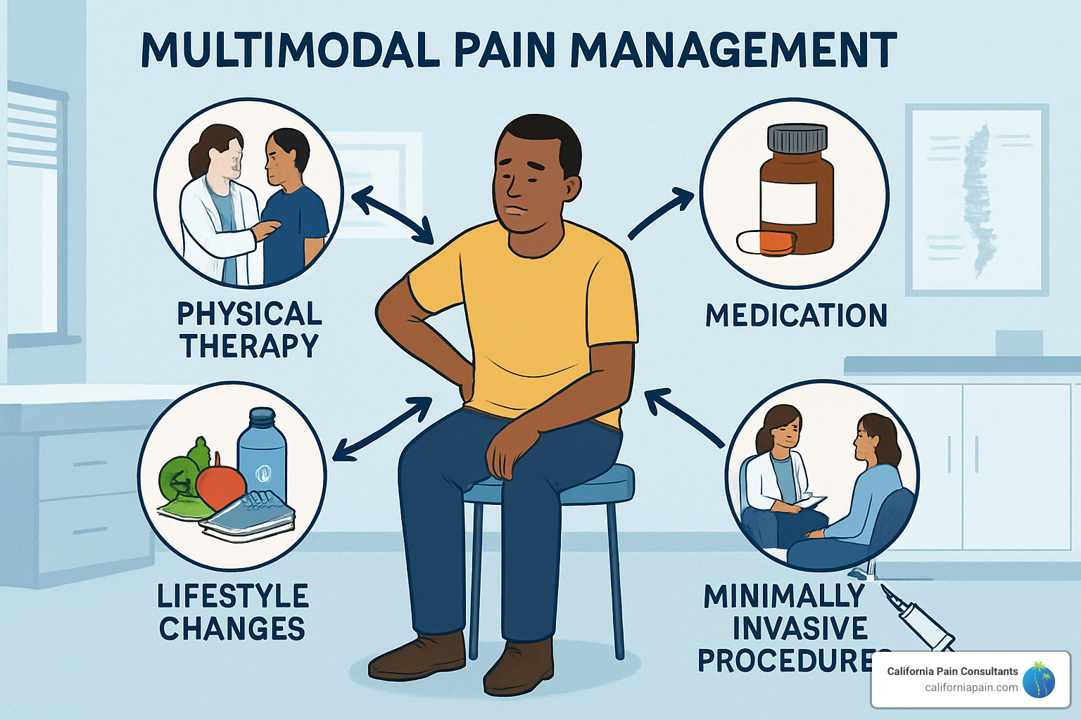 Multimodal pain management approach showing different treatment modalities working together - chronic pain treatments Multimodal pain management approach showing different treatment modalities working together - chronic pain treatments