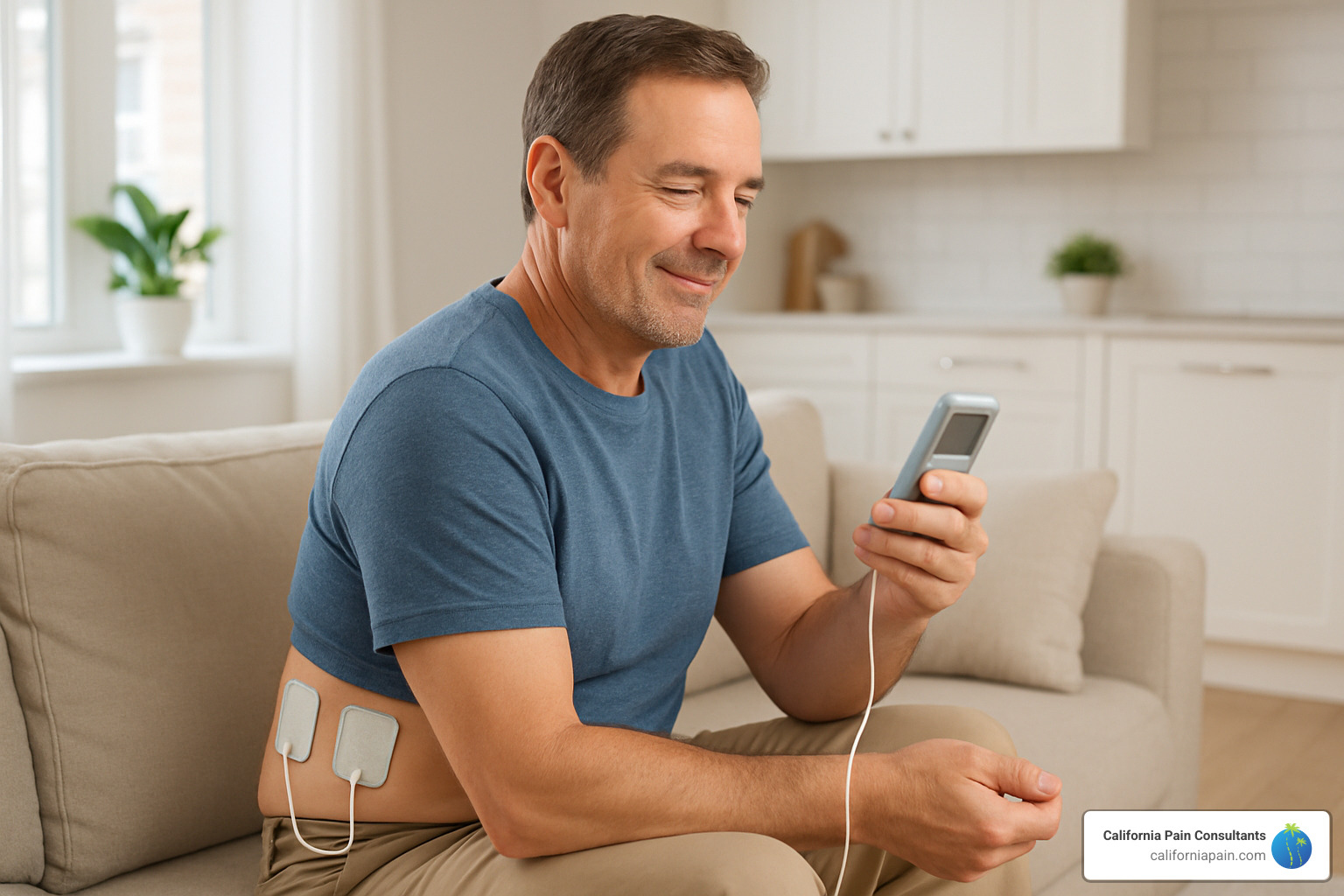 Patient using TENS unit for pain relief - chronic pain treatments Patient using TENS unit for pain relief - chronic pain treatments