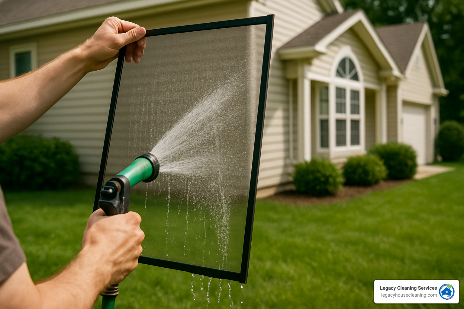 dirty window screens from Arlington home requiring extensive cleaning before reinstallation